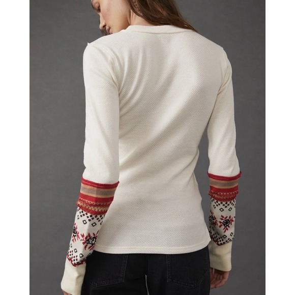 Free People Mikah Henley Thermal Cream Top Waffle Knit Boho Long Sleeve Size L - Picture 6 of 9
